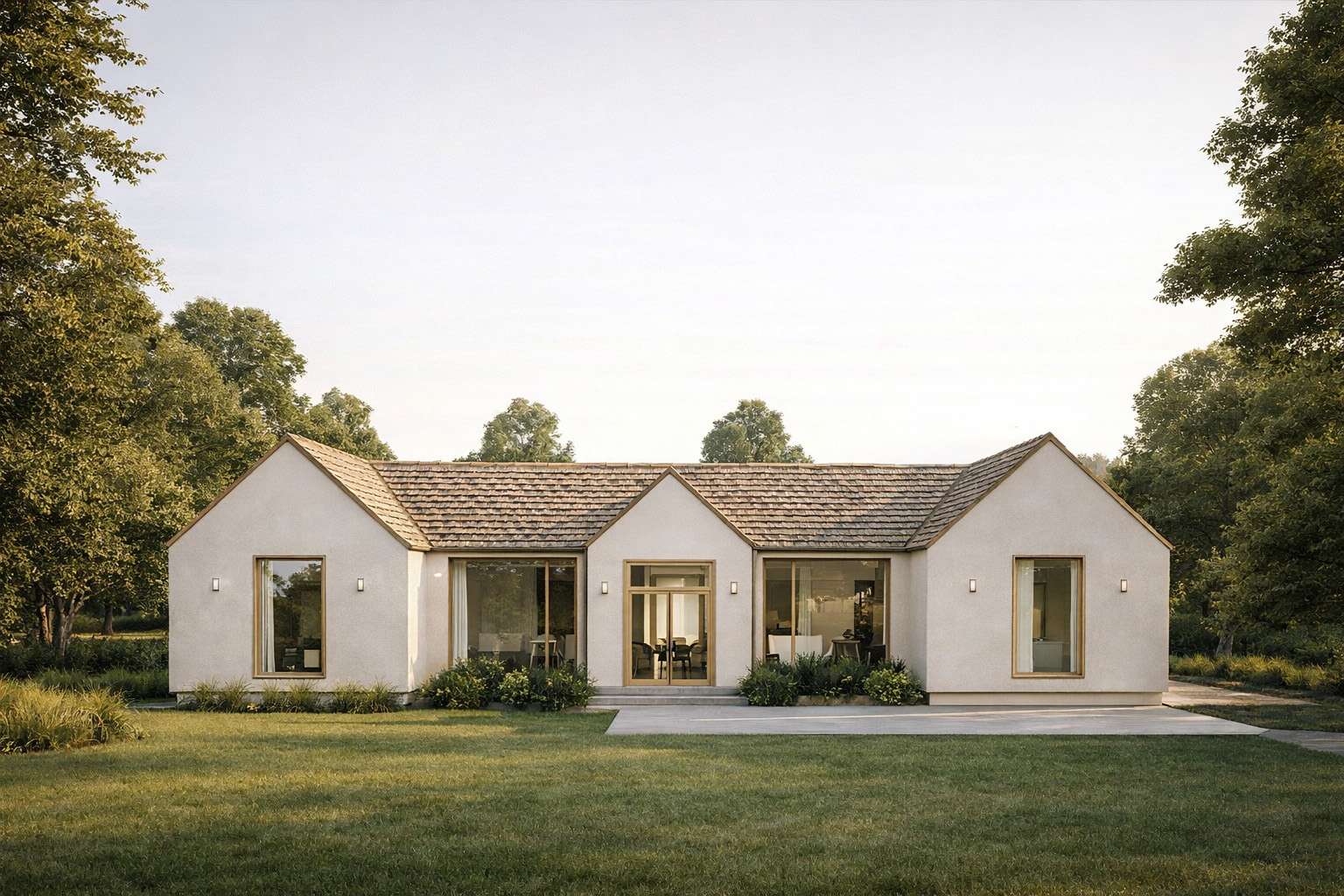 Artist impression — the Ranch House seen from the lawn: three white gabled volumes under a continuous shingled roof, linked by glazed openings with pale timber surrounds