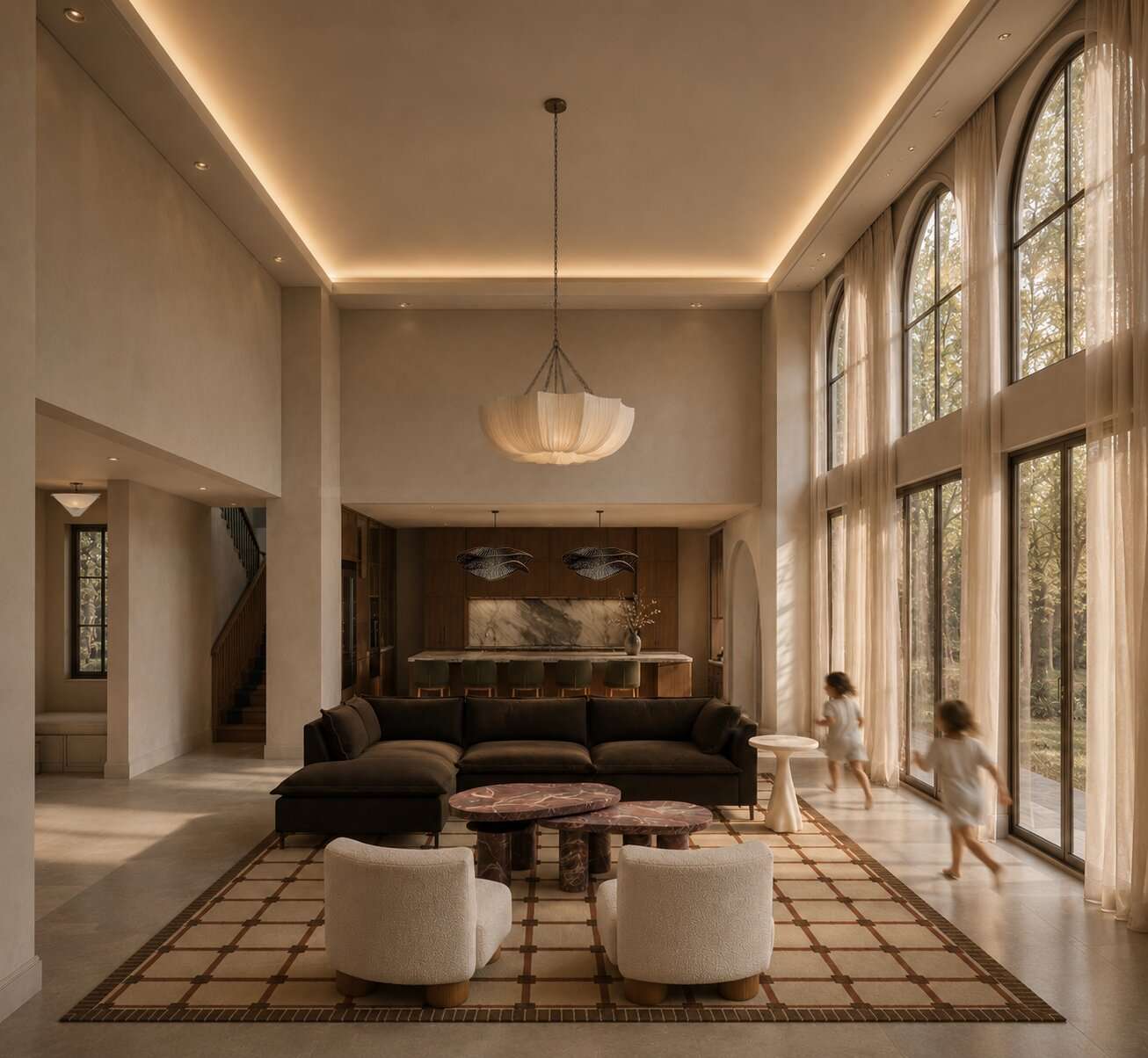 Artist impression — double-height living room with two-storey arched windows and sheer curtains, a dark sectional on a patterned rug, boucle armchairs and marble side tables, with a timber kitchen beyond and two children running past the glass