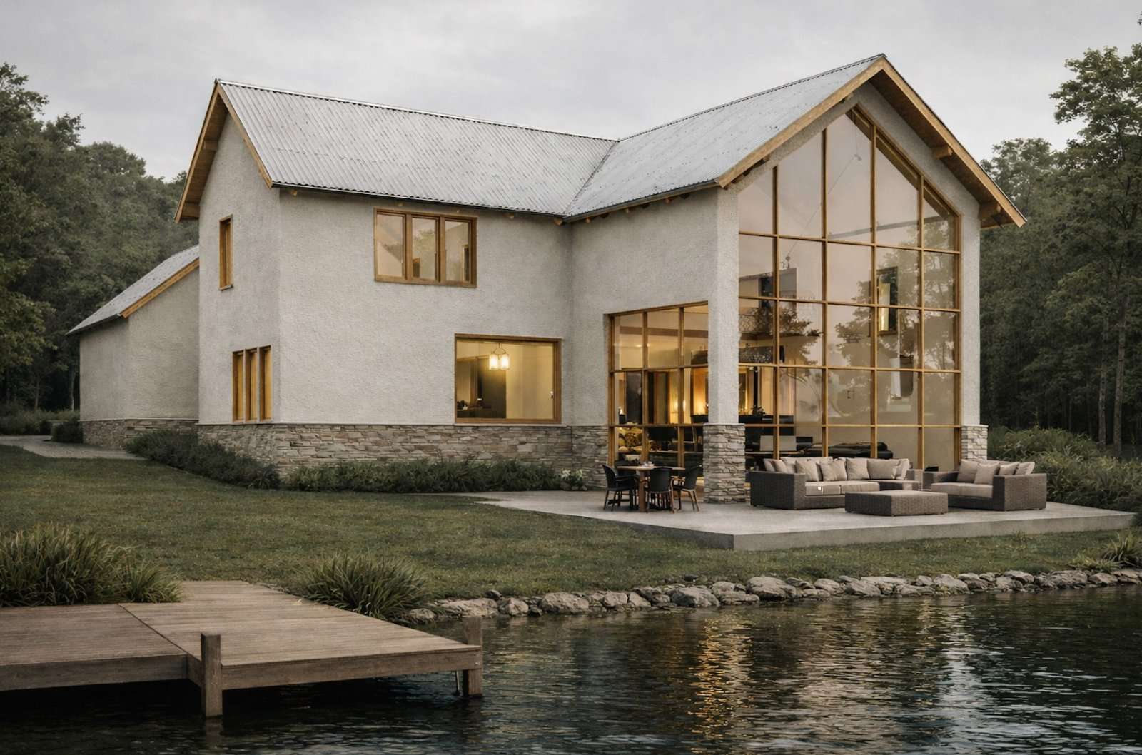 Artist impression — the Vista House from across the water: a tall glazed gable end under a metal roof, rendered walls on a stone base, with a covered terrace of outdoor seating and a timber jetty in the foreground
