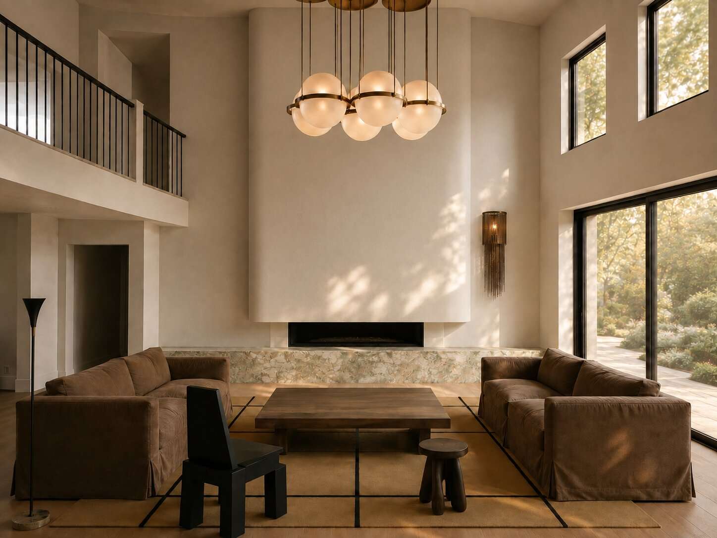 Artist impression — double-height living room in Shoji White by Sherwin-Williams, with a full-height plaster fireplace volume, a low hearth in Fusion Wow by Antolini, a four-panel glass sliding door to the garden, brown velvet sofas facing a heavy timber table, and a cluster of globe pendants overhead