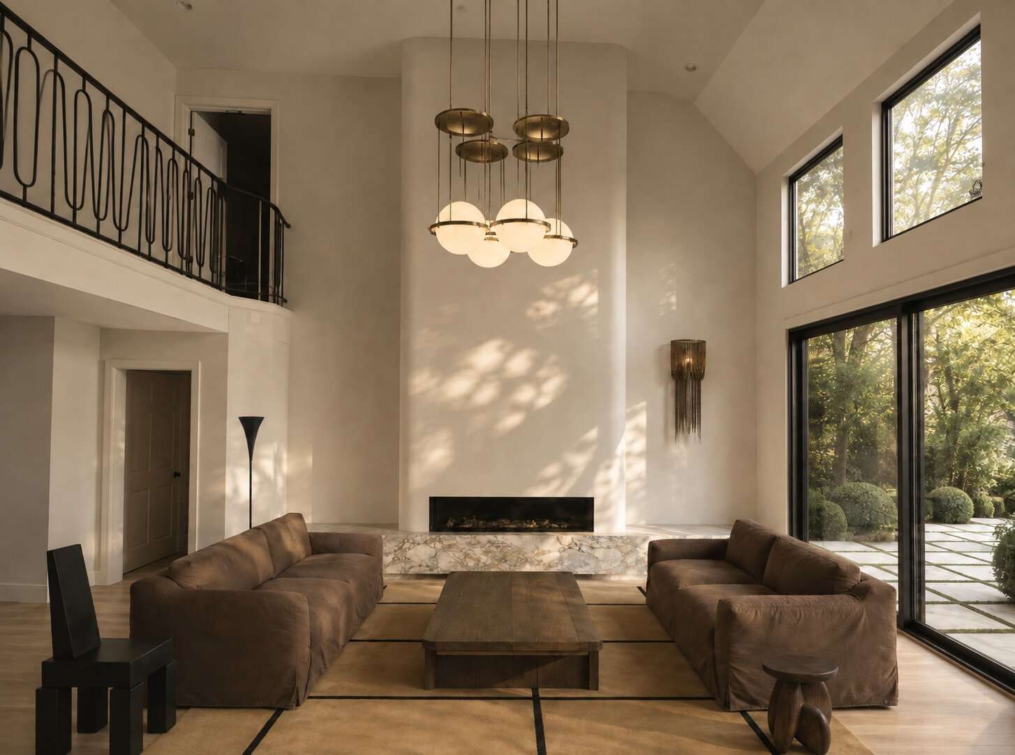 Artist impression — double-height living room in Shoji White by Sherwin-Williams, with a full-height plaster fireplace volume, a low hearth in Fusion Wow by Antolini, a four-panel glass sliding door to the garden, brown velvet sofas facing a heavy timber table, and a cluster of globe pendants overhead