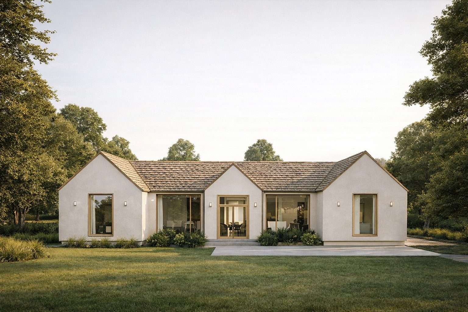 Artist impression — the Ranch House seen from the lawn: three white gabled volumes under a continuous shingled roof, linked by glazed openings with pale timber surrounds