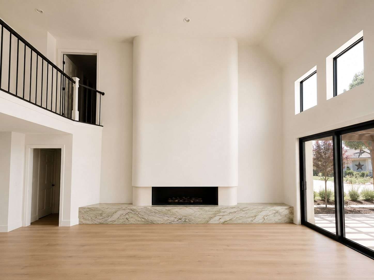 Artist impression — the same room stripped back and rebuilt: a single curved plaster fireplace volume rising the full height against Shoji White by Sherwin-Williams walls, a long low hearth in Fusion Wow by Antolini, and a four-panel glass sliding door to the garden, on pale oak flooring