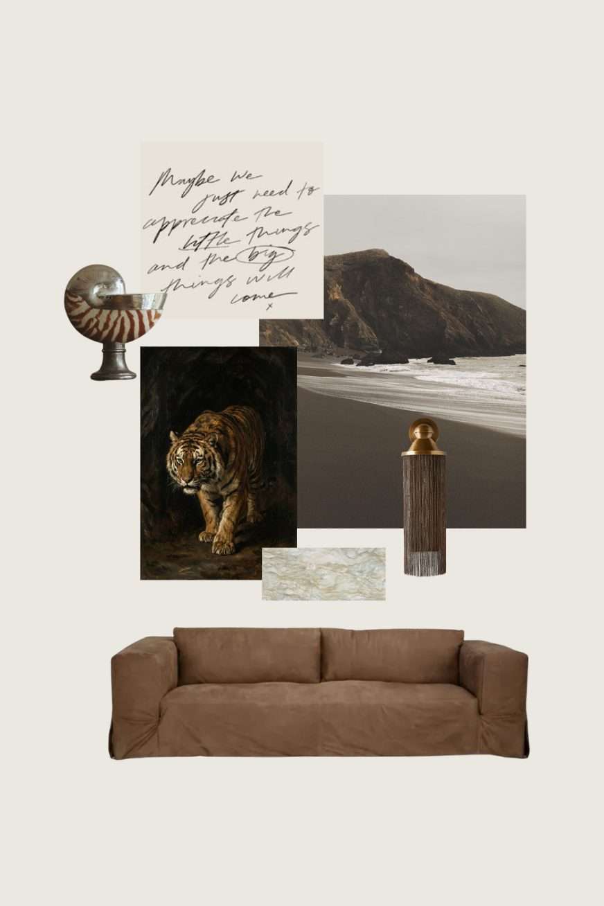 Moodboard collage: a painting of a tiger, a dark beach below a headland, a nautilus shell mounted as a cup, a fringed brass sconce, a pale veined stone sample and a brown slipcovered sofa