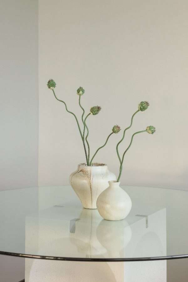 Two pale ceramic vases holding tall green seed heads, on a round glass table against a plain wall