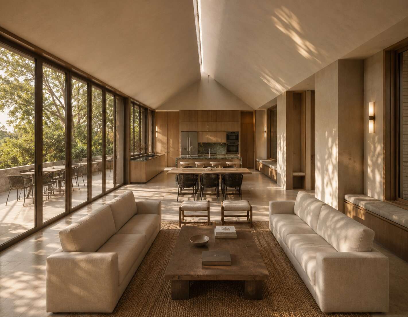 Artist impression — open living and kitchen under a tall pitched ceiling, with a rooflight along the ridge, full-height glazing to a terrace, pale timber joinery and two long linen sofas facing a rough timber table