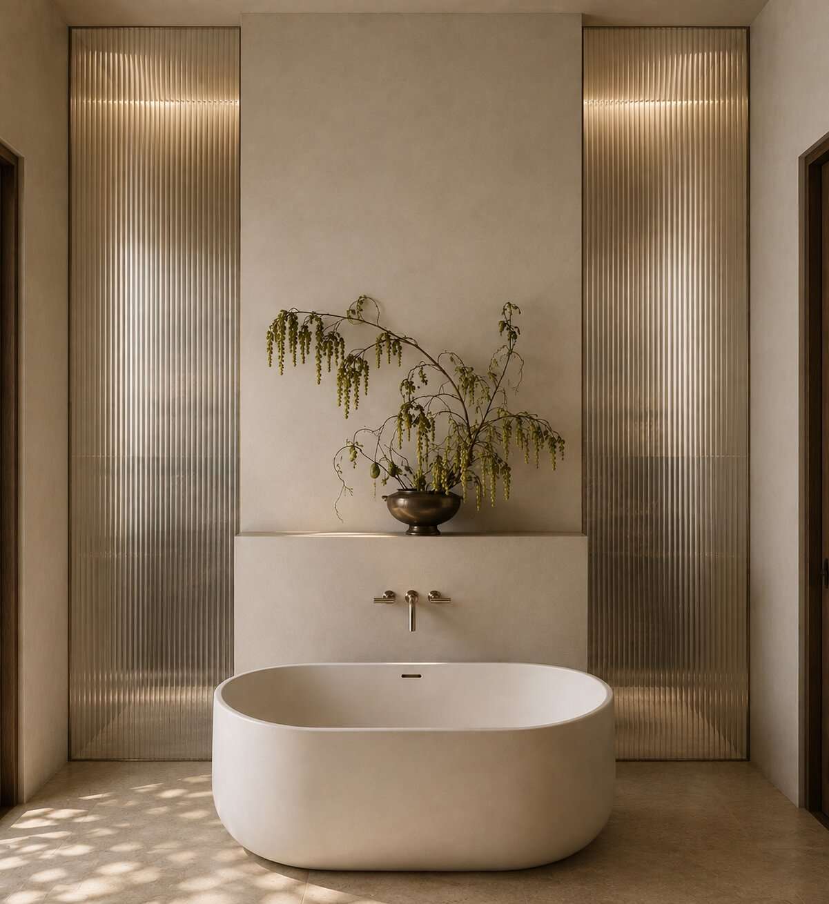 Artist impression — freestanding oval tub against a plaster alcove with a recessed ledge, flanked by full-height fluted glass panels lit from behind
