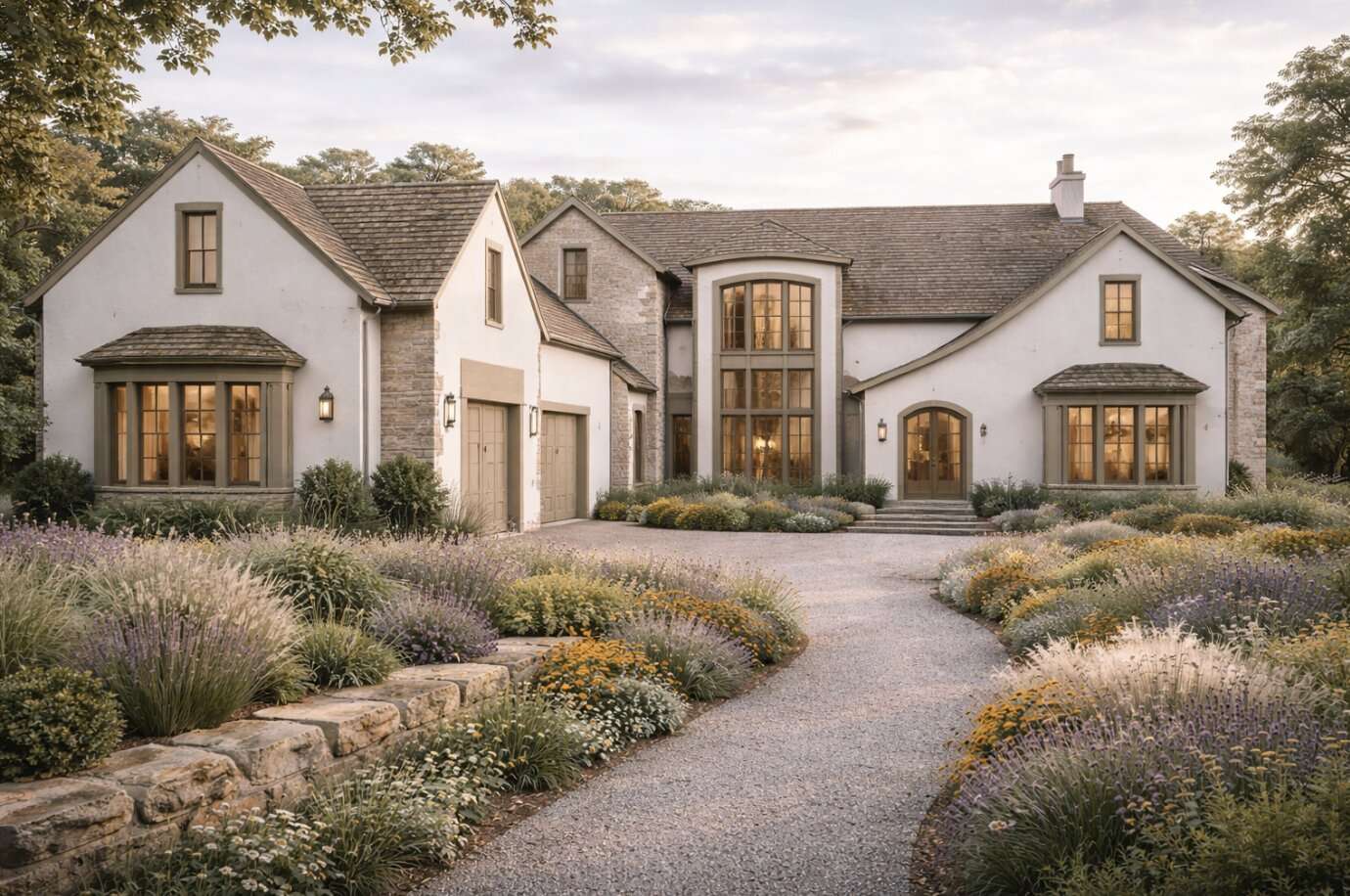 Artist impression — front elevation of a large white rendered house with stone detailing and a shingled roof, a tall arched window over the entry, and a gravel drive through banks of lavender and ornamental grasses