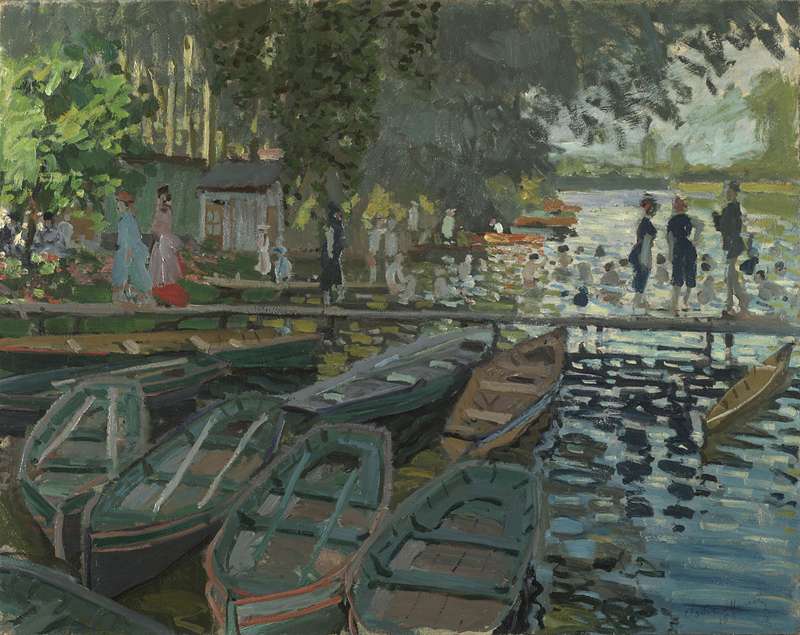 Claude Monet's painting Bathers at La Grenouillere: rowing boats moored along a jetty, figures on a boardwalk and bathers in dappled water