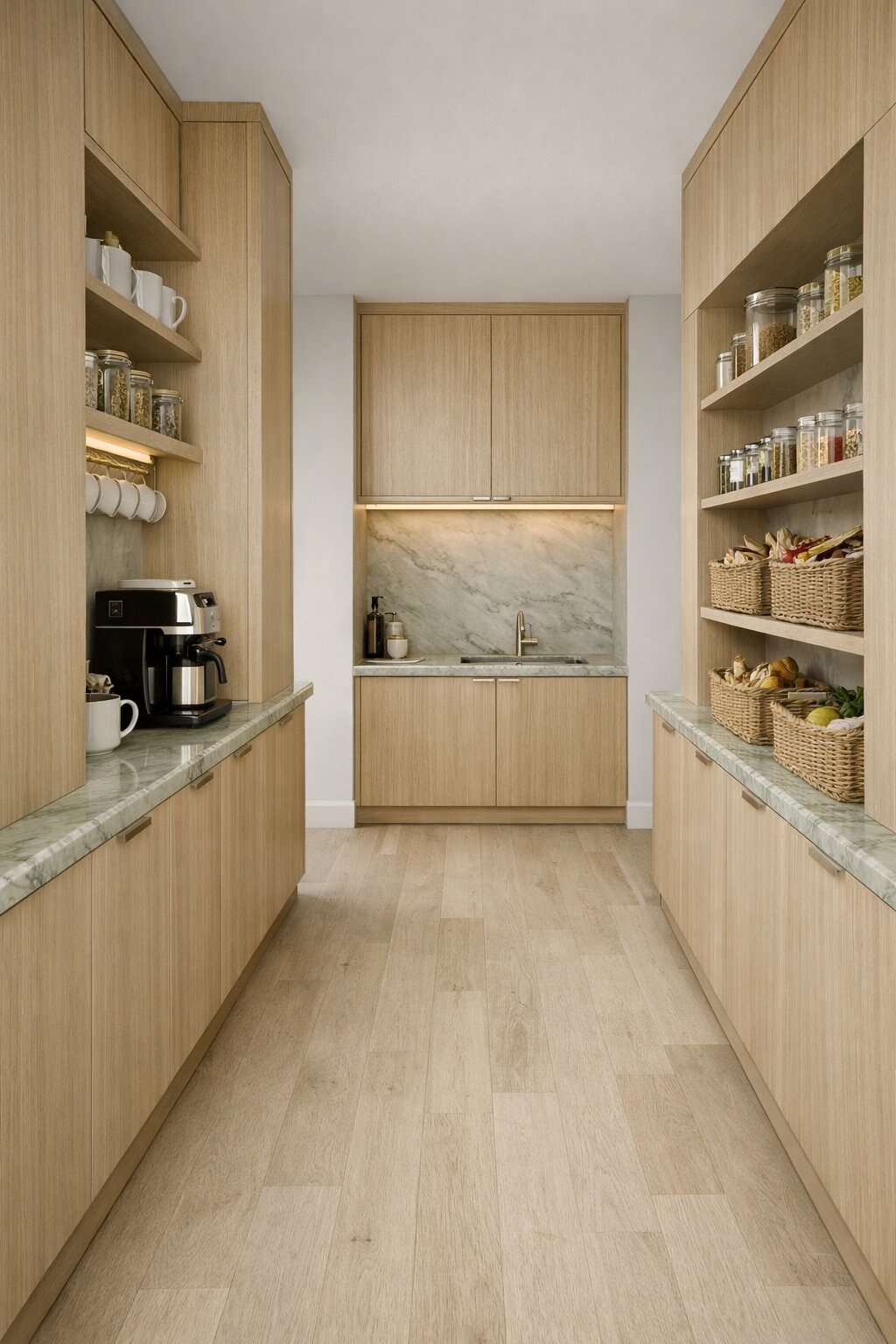 Artist impression — galley pantry lined in pale oak, with green-veined stone counters, open shelves of glass jars and woven baskets, and a marble splashback over a small sink