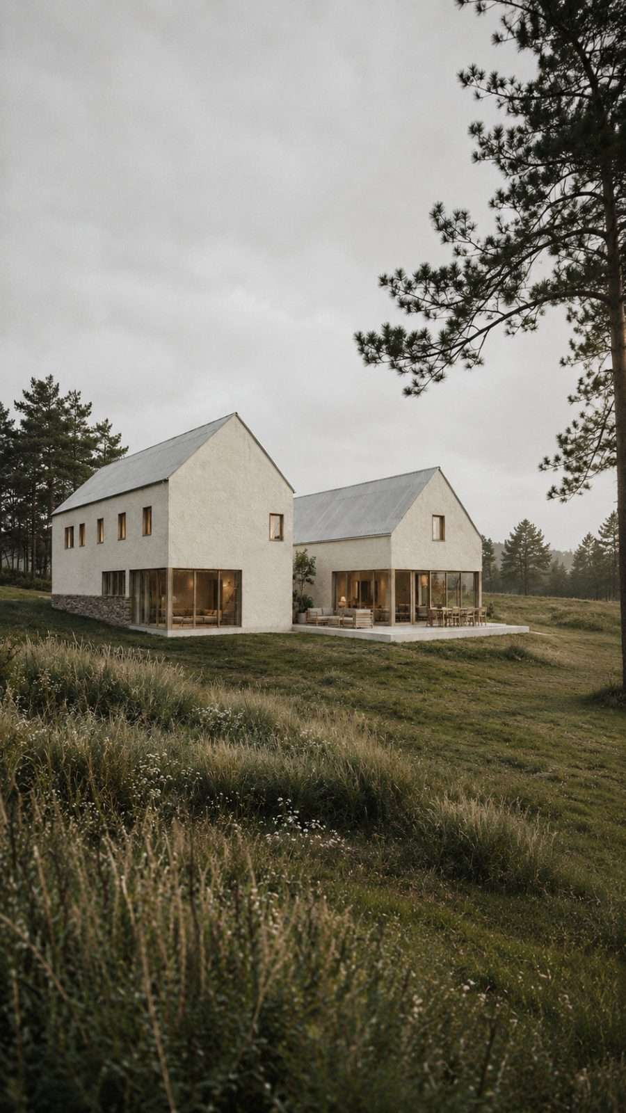 Artist impression — two white gabled volumes set side by side in long meadow grass, linked by a low glazed link and a terrace, with pines behind under an overcast sky