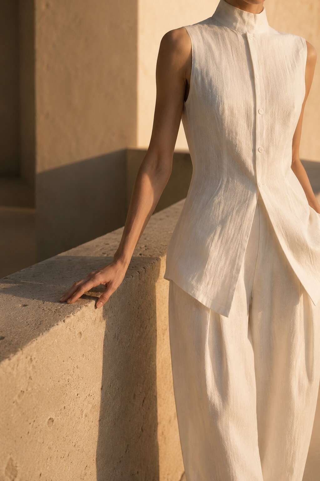 A hand resting on the edge of a sun-warmed travertine parapet, beside cream linen clothing in low afternoon light