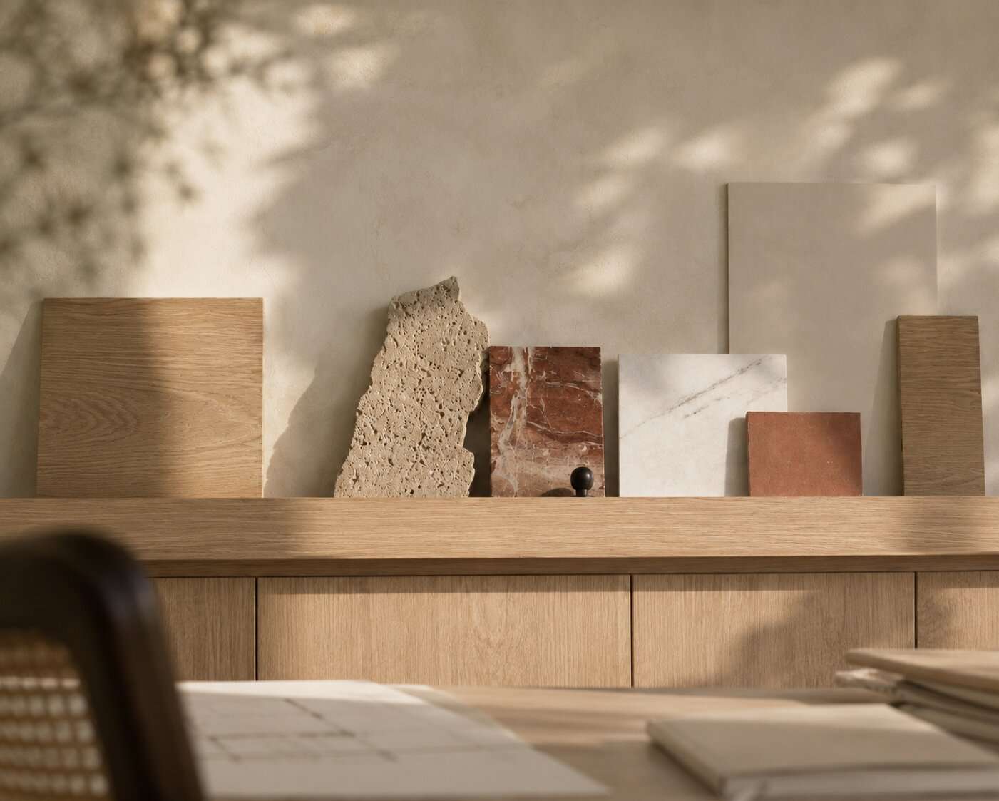 Material samples propped along an oak shelf in raking sunlight: a pale oak board, a rough-edged travertine slab, a rust-red veined marble, a white marble with grey veining, a terracotta tile and a pale limestone panel, with drawings on the desk below