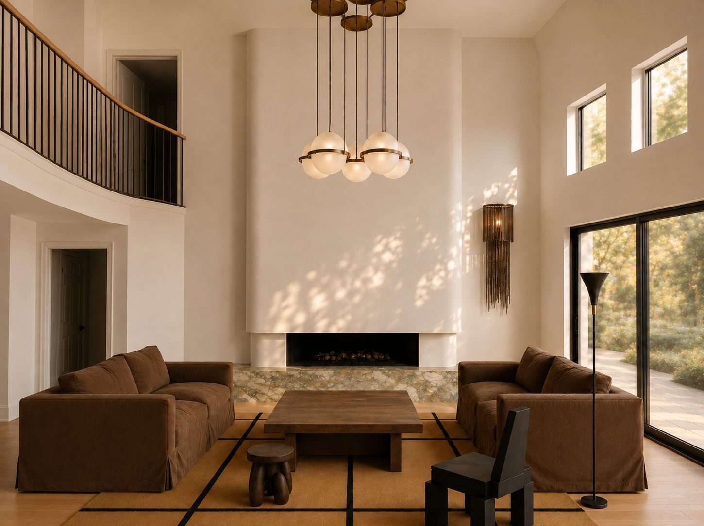 Artist impression — double-height living room in Shoji White by Sherwin-Williams, with a full-height plaster fireplace volume, a low hearth in Fusion Wow by Antolini, a four-panel glass sliding door to the garden, brown velvet sofas facing a heavy timber table, and a cluster of globe pendants overhead