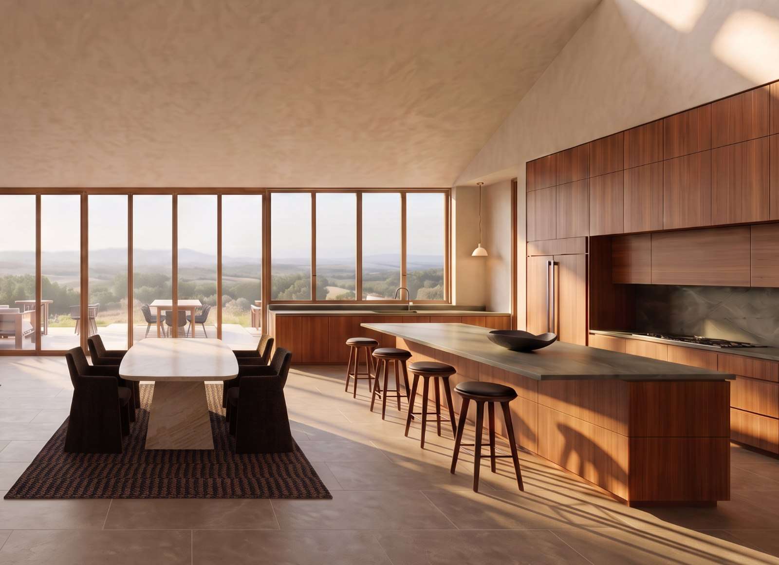 Artist impression — kitchen and dining under a sloping plaster ceiling, with a long walnut island and green stone counter, and a band of timber-framed windows onto rolling hills