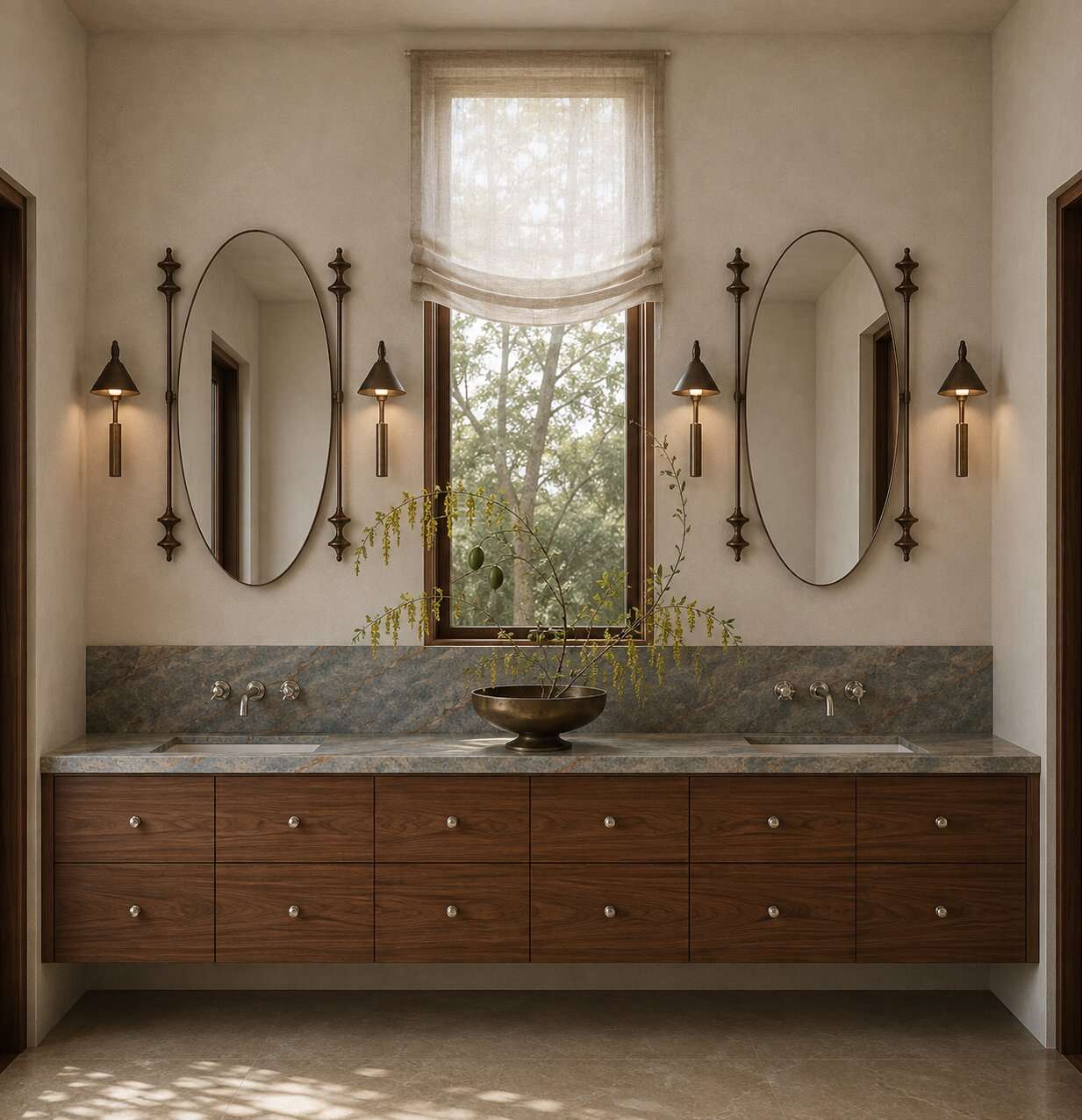 Artist impression — double vanity in dark walnut with a blue-grey veined stone counter and matching backsplash, twin oval mirrors, bronze sconces and a tall window between them