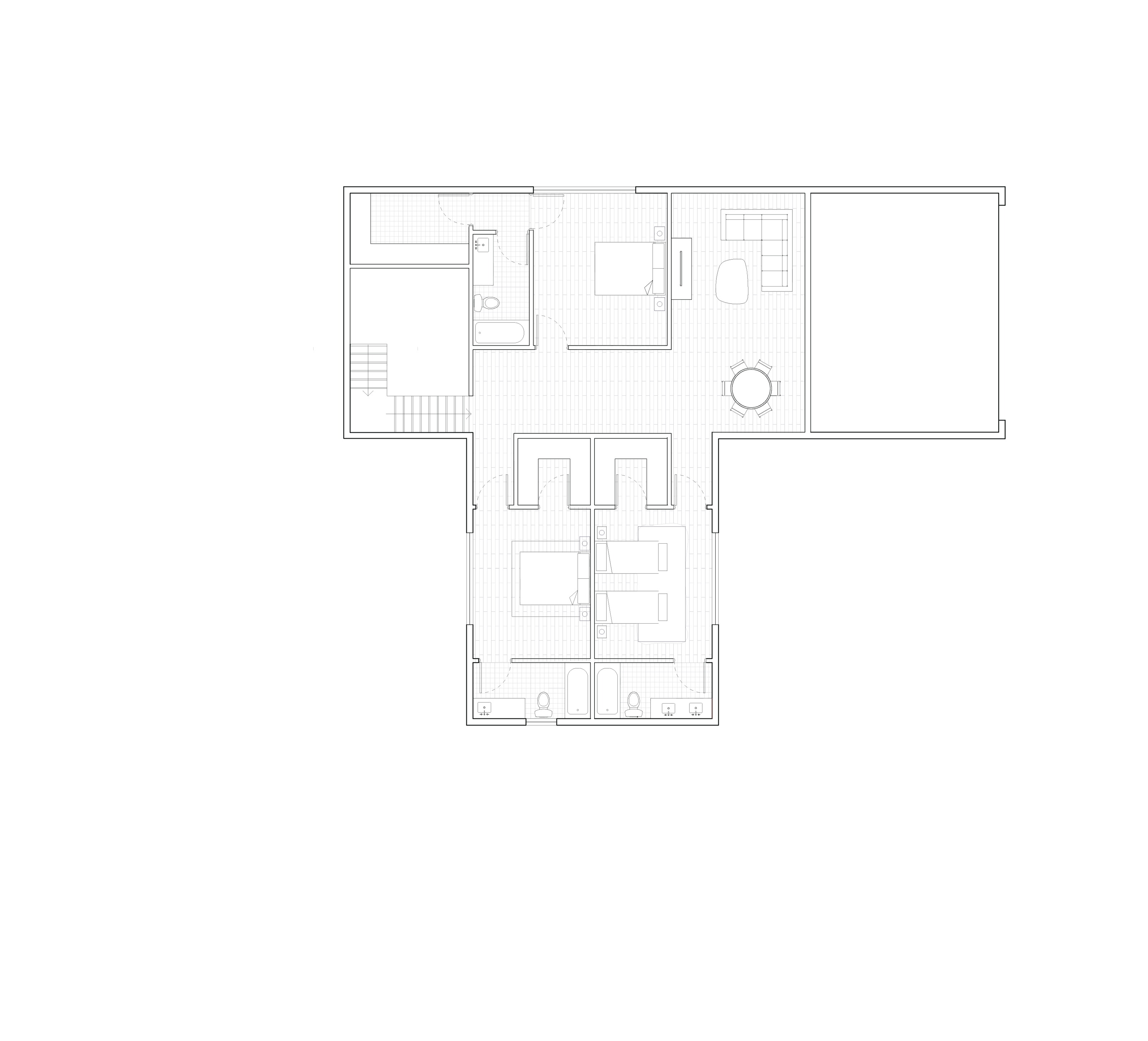 Second-floor plan of the Vista House, a contemporary house plan with kitchen and dining spaces overlooking the double-height living room.